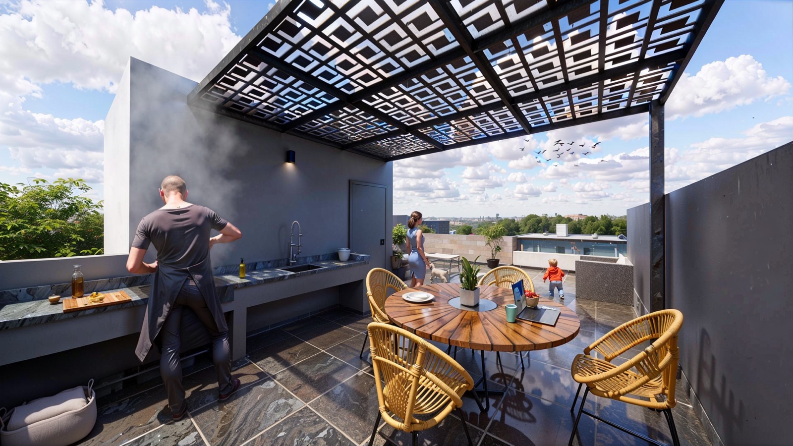 Terraza panorámica en nivel 4 con pérgola